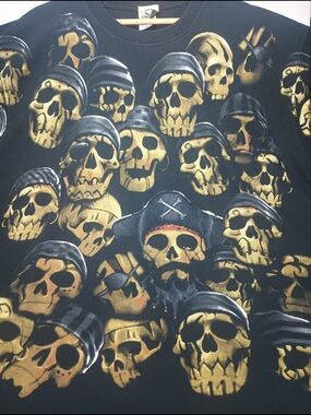 Vintage Liquid Blue Pirate Skulls All Over Print Black T Shirt Size XXL